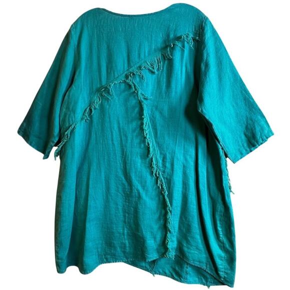 Pecock Ways Artisan 100% Linen Teal Lagenlook Tunic Top Dress Sz L Art To Wear - Picture 4 of 16